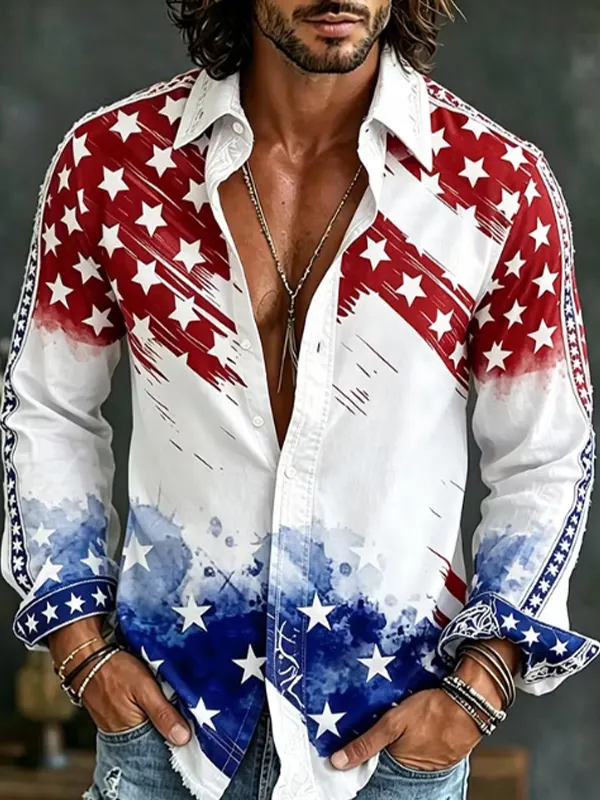 Men's Independence Day Stars And Stripes Print Long Sleeve Shirt