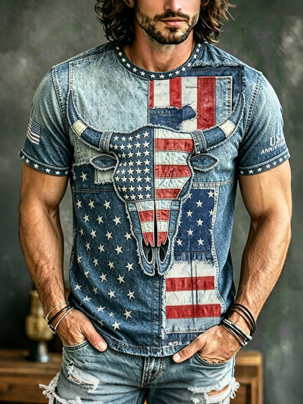 Men's American Flag Bullhead Art Print T-Shirt