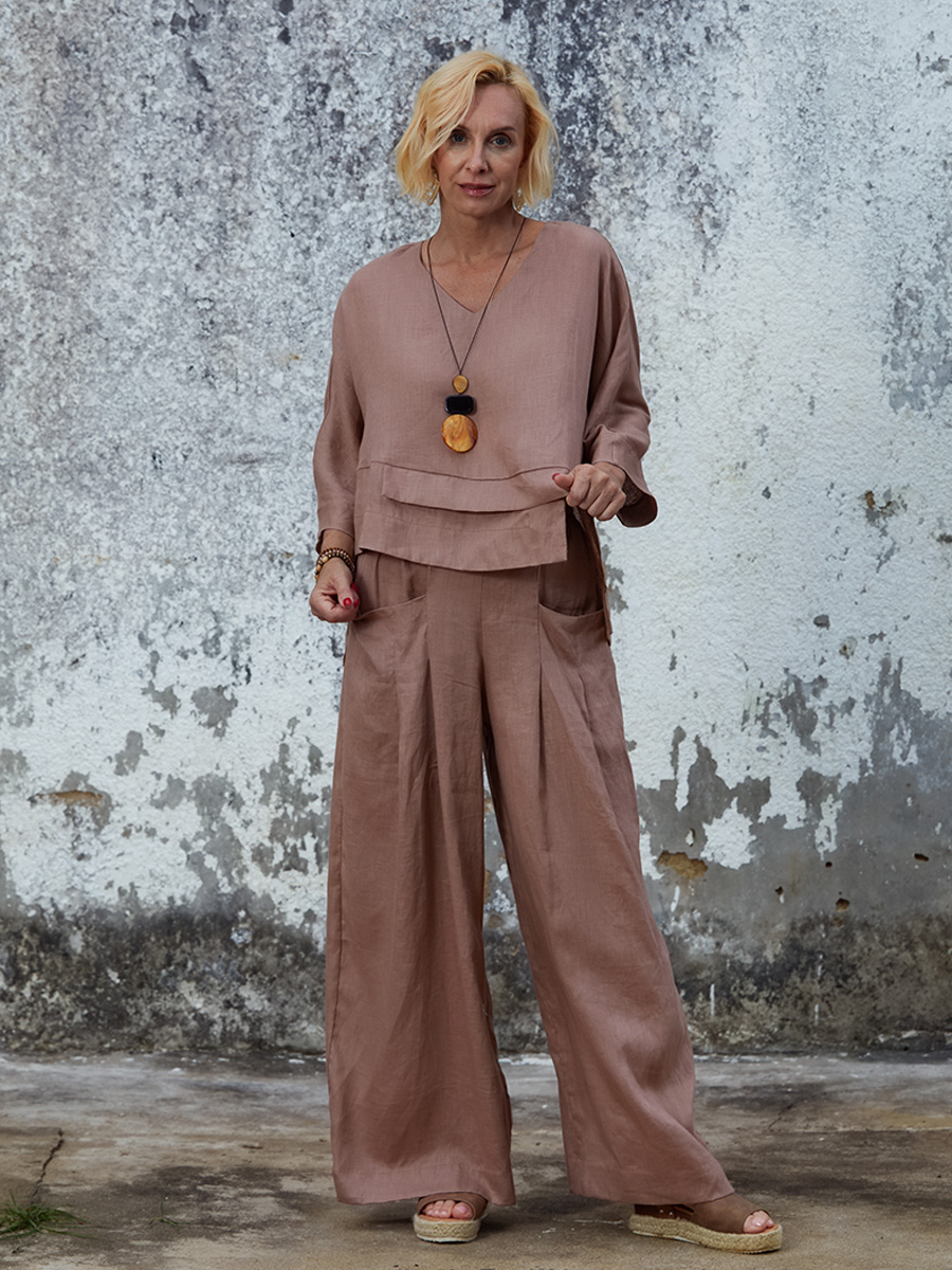 Women's Linen Asymmetric Top and Pats Sets
