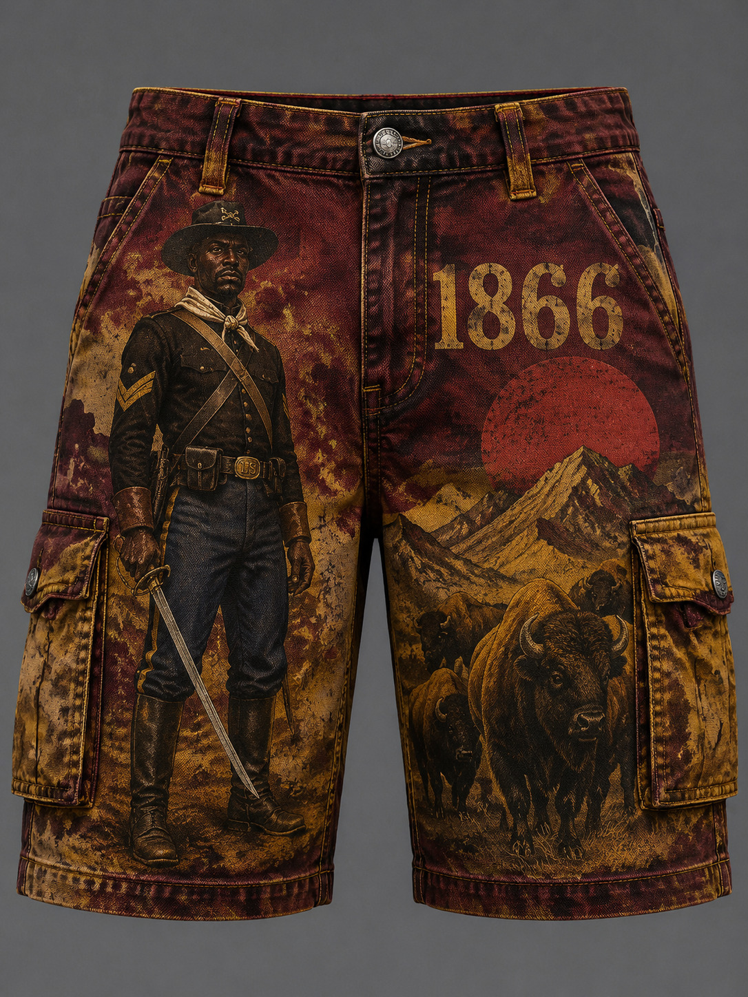 Men's African American Buffalo Soldier 1866 Print Cargo Shorts