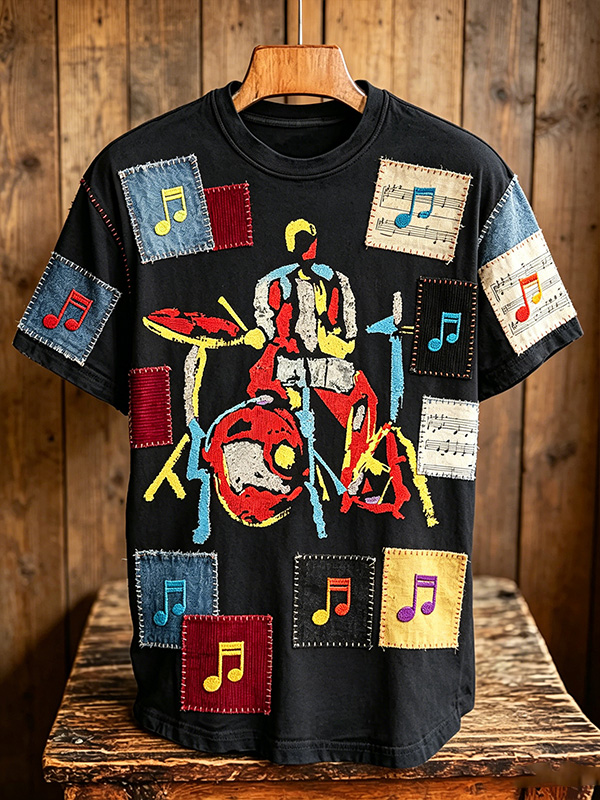 Men''s Patchwork Music Notes Drummer Abstract Art Print Casual T Shirt