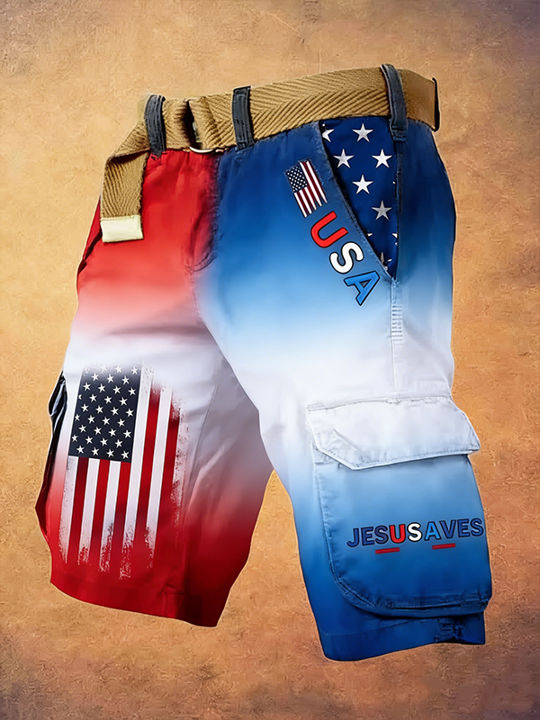 Men's USA Independence Day Flag Print Denim-Like Cargo Shorts