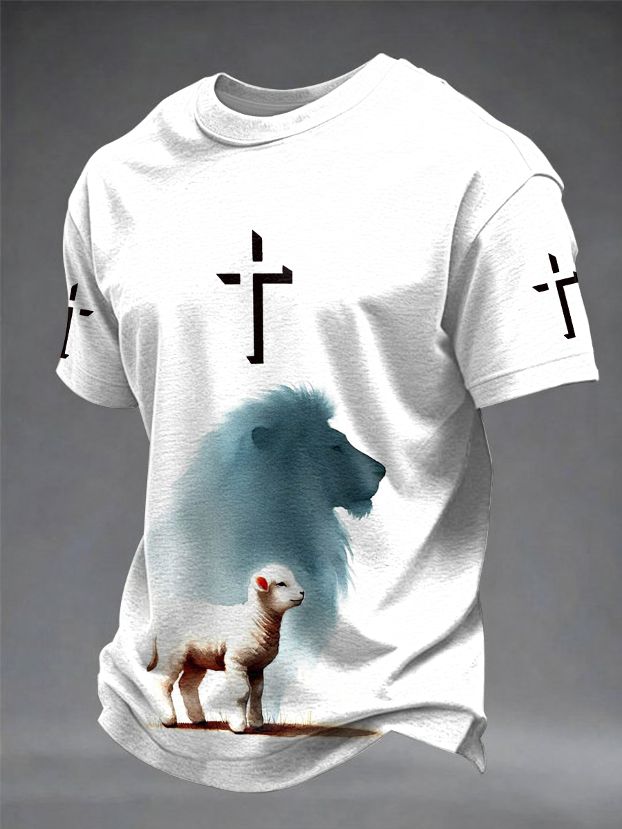 Men's Watercolor Lion Lamb Cross Art Print T-Shirt