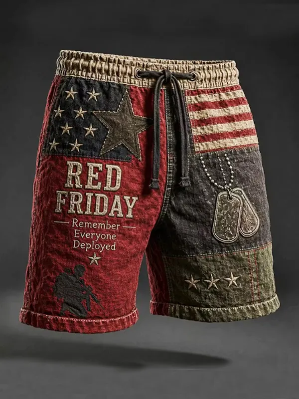 Men's Red Friday Remember Everyone Deployed Stars and Stripes Print Casual Shorts
