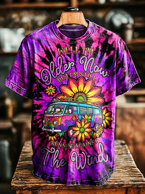 Men's Running Against The Wind Hippie Floral Bus Tie-Dye Art Print Casual T-Shirt