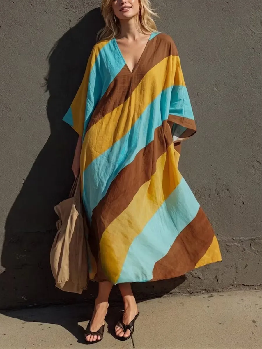 Women's Color Block Stripe Print Long Sleeve Maxi Dress