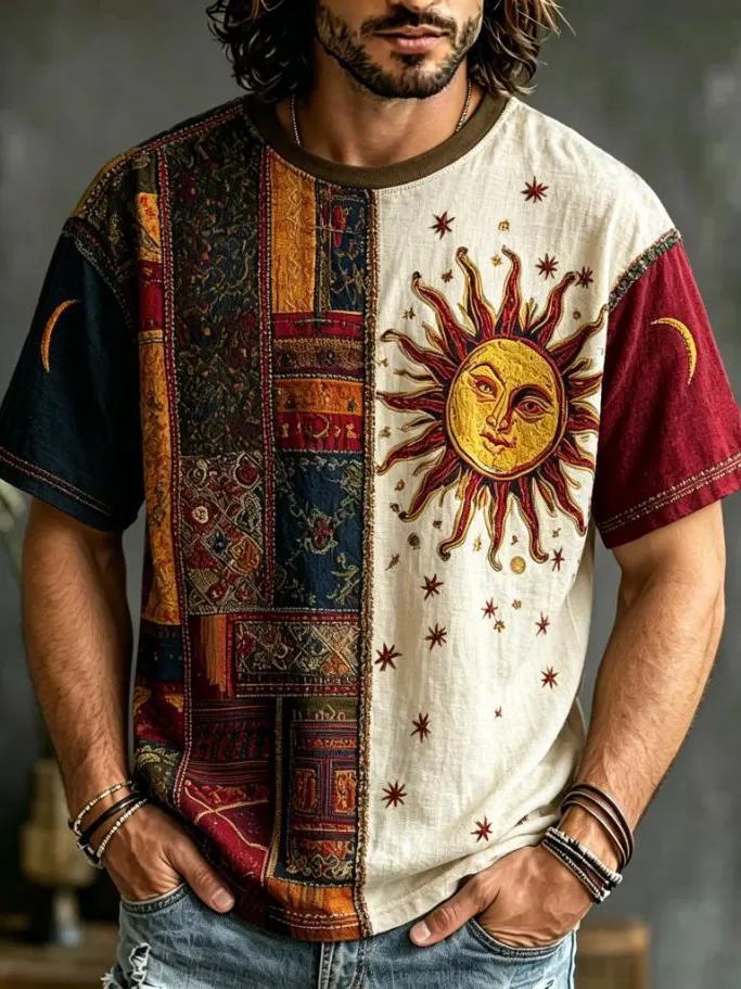 Men's Contrasting Colors Ethnic Geometric Bohemian Art Print Casual T-Shirt