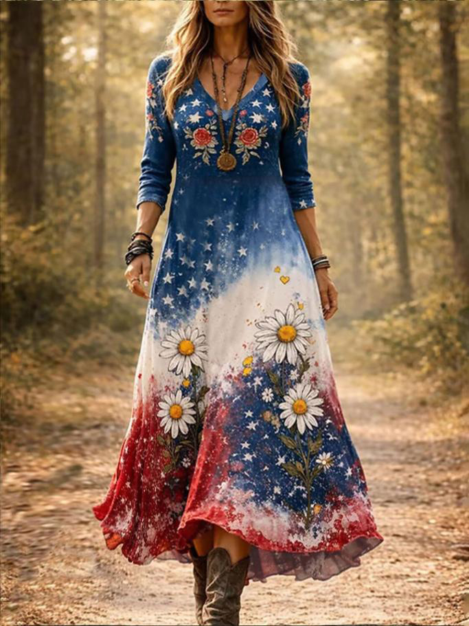Women's 4th Of July Floral Daisy Print Tie-Dye Long Sleeve Maxi Dress