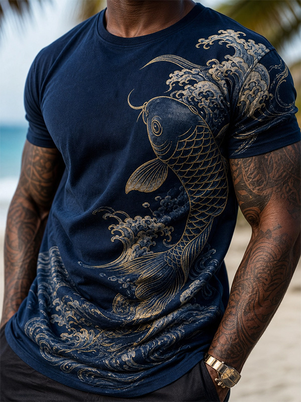 Men's Koi Fish & Wave Art Print T-Shirt