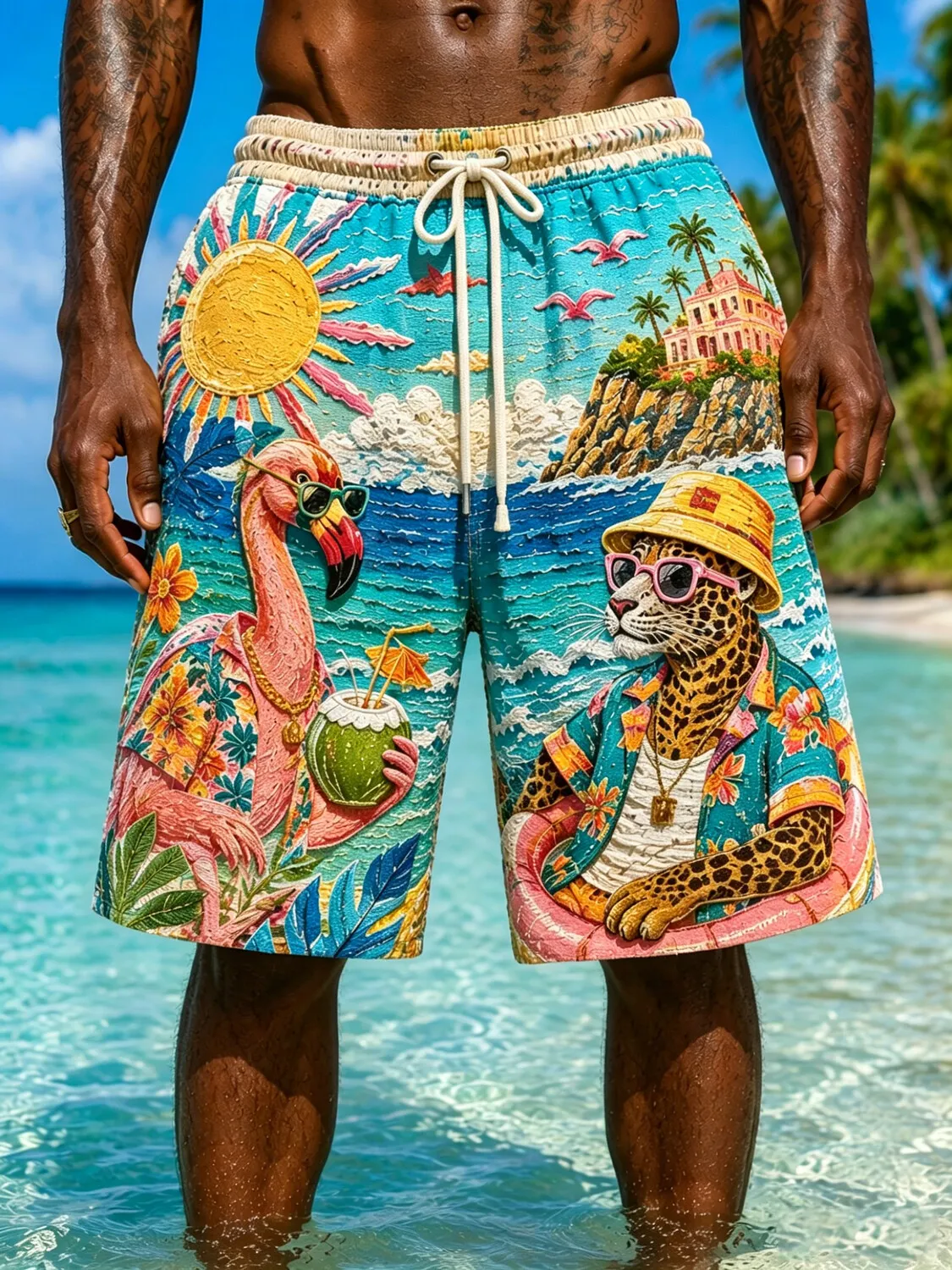 Men's Leopard and Flamingo Vacation Style Coastal Scenery Print Casual Shorts