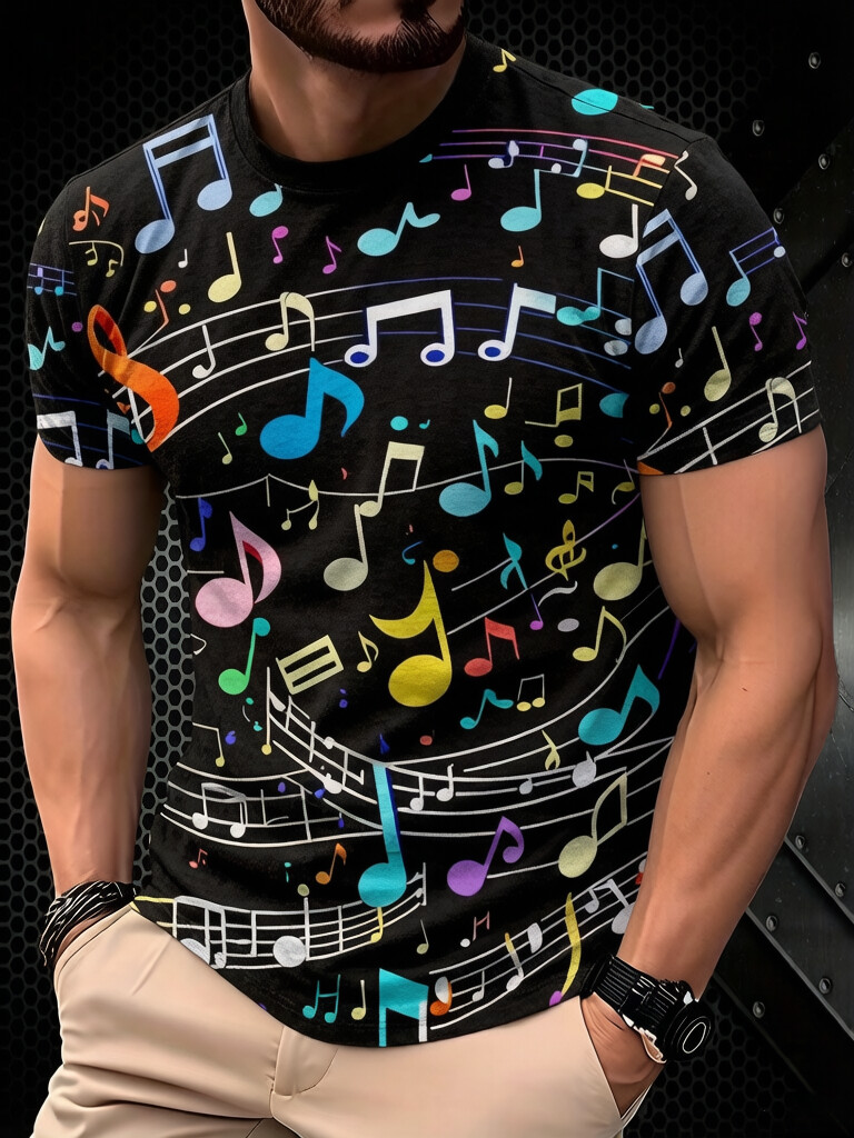 Men's Colorful Notes Art Print Casual T-Shirt