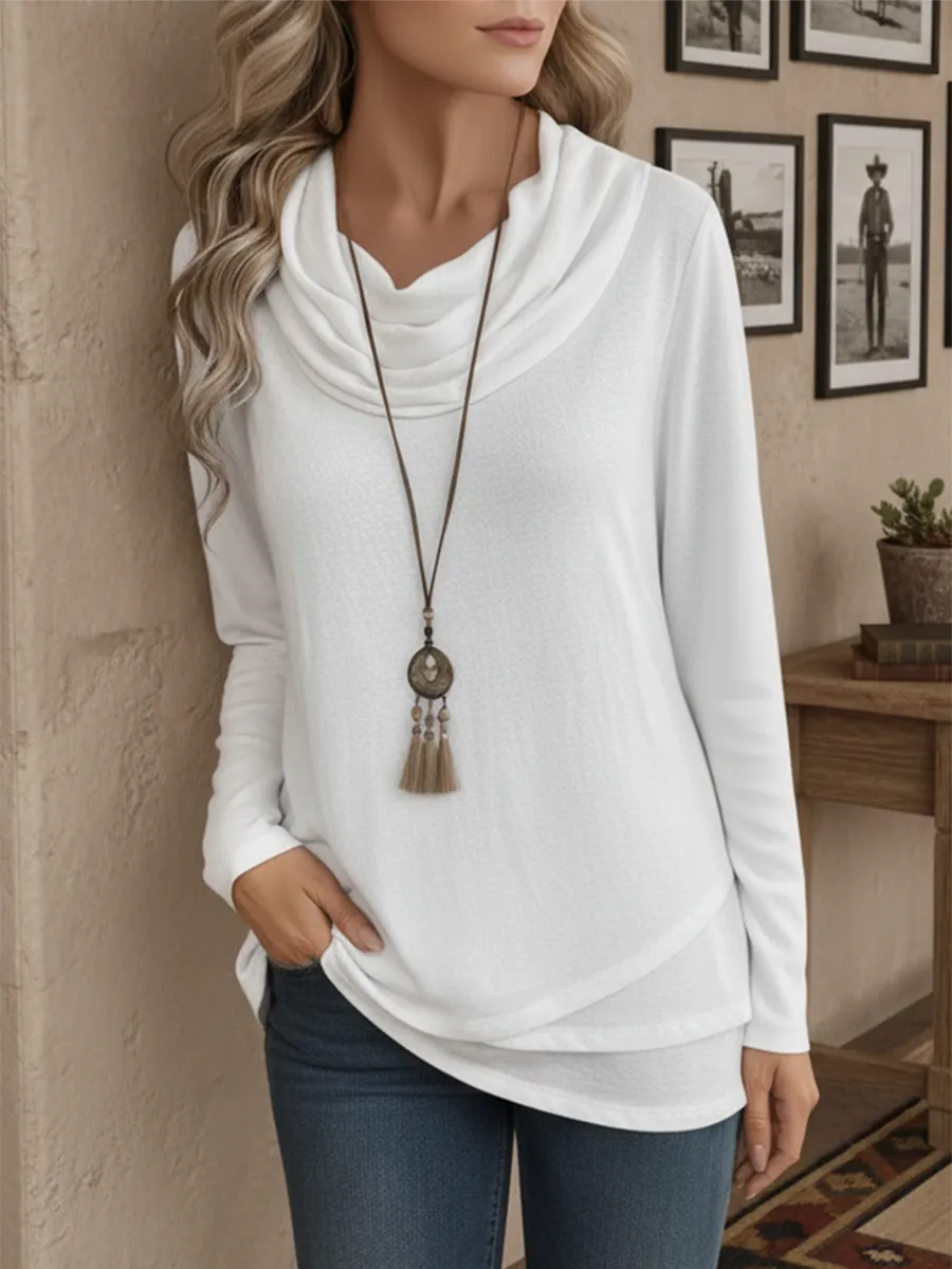 Women's Soft Solid Color Pile Neck Cotton Top