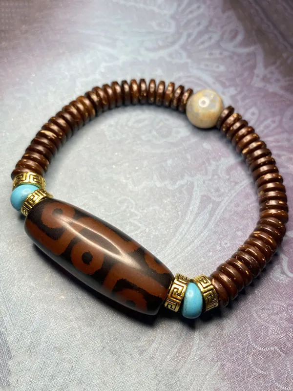 Buddha Stones Tibetan Nine-Eye Dzi Bead Wealth Bracelet