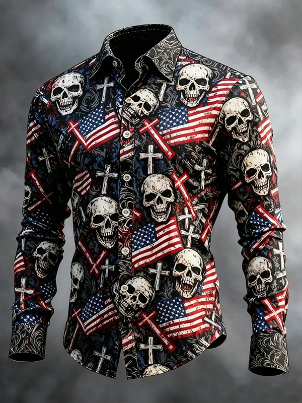 Men's American Flag Skull Cross Art Print Long Sleeve Shirt