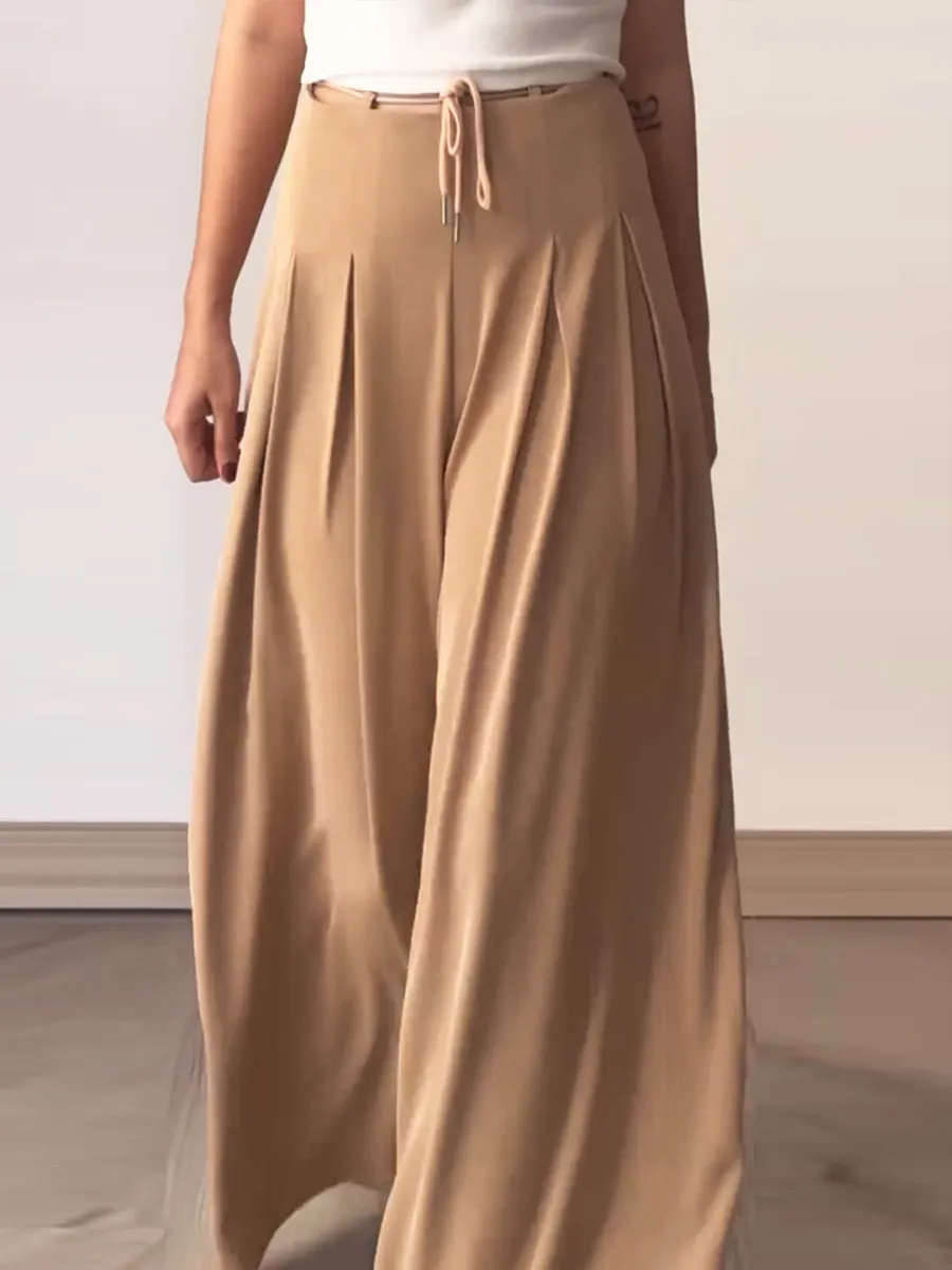 Women's Summer Solid Color High Waist Lace-up Loose Casual Cotton and Linen Wide Leg Pants
