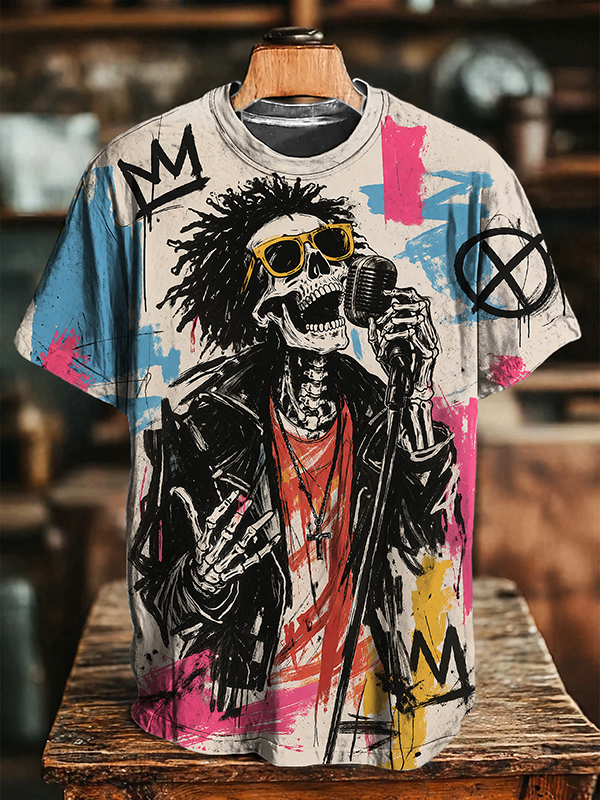 Men's Skeleton Singer Abstract Graffiti Art Print T-Shirt