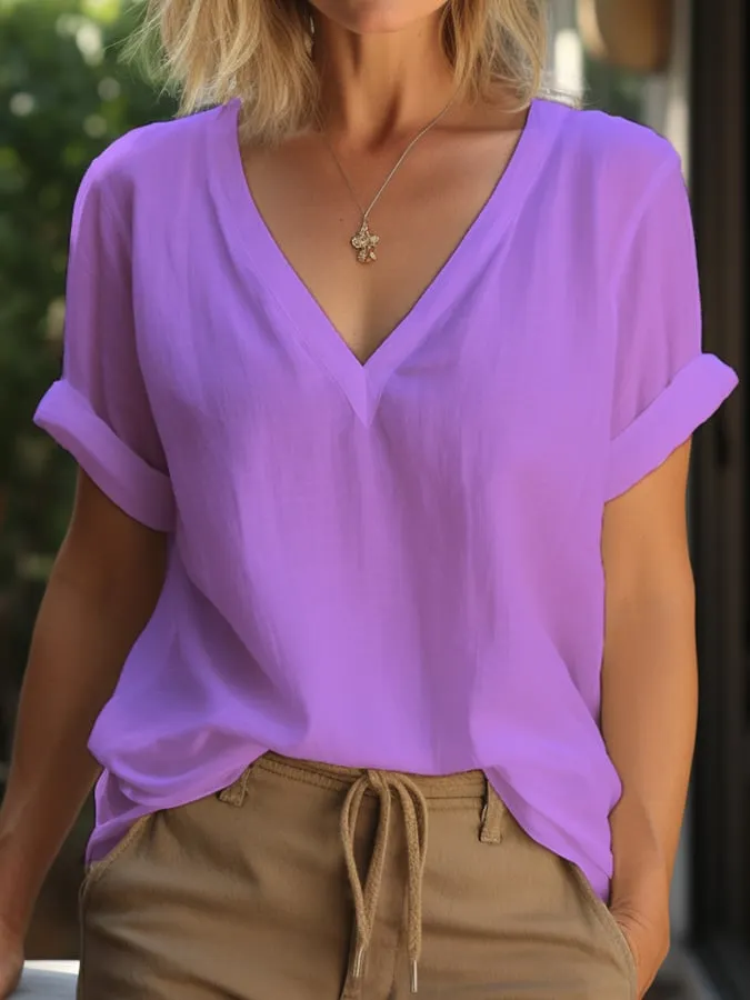 Women's Simple Versatile Cotton Casual V-Neck T-Shirt