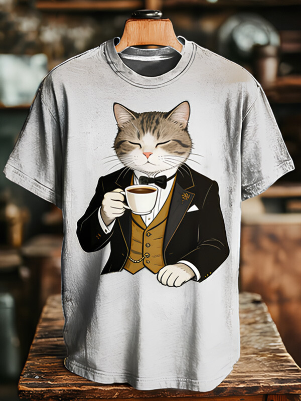 Men's Playful Cat Drinking Coffee Print Casual T-Shirt