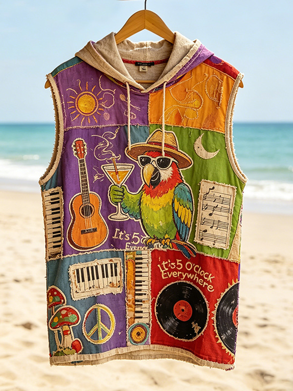 Men's It's 5 O'Clock Everywhere Holiday Parrot Print Workout Hooded Tank Top