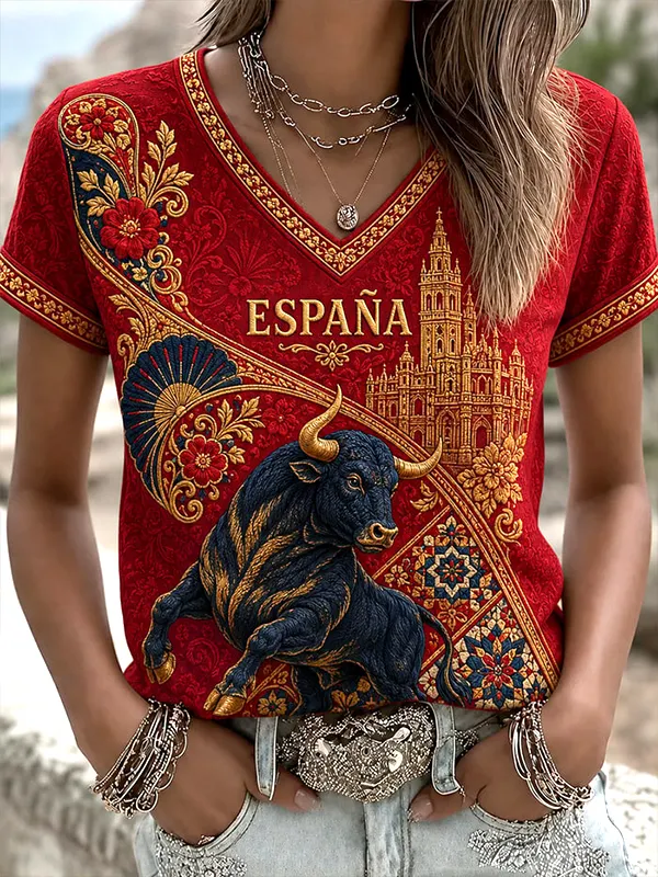 Women's Espana Spanish Fighting Bull 2026 Spain Football Art Print V Neck Short Sleeve T-Shirt