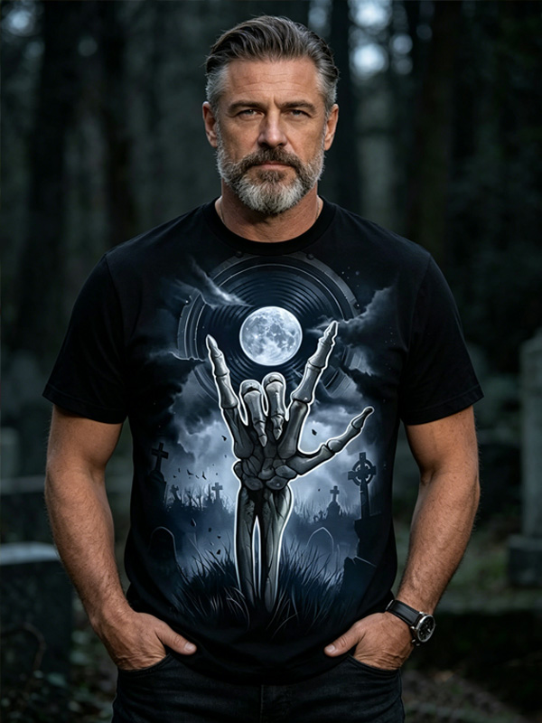 Men's Rock And Roll Vinyl Record Skeletal Hand Print Casual T-Shirt