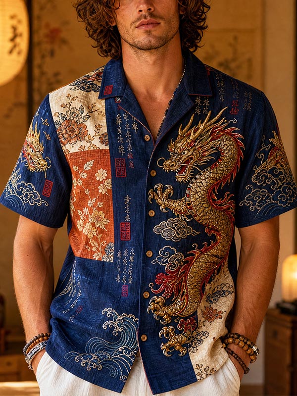 Men's Japanese Ukiyo-e Oriental Dragon Print Short Sleeve Shirt