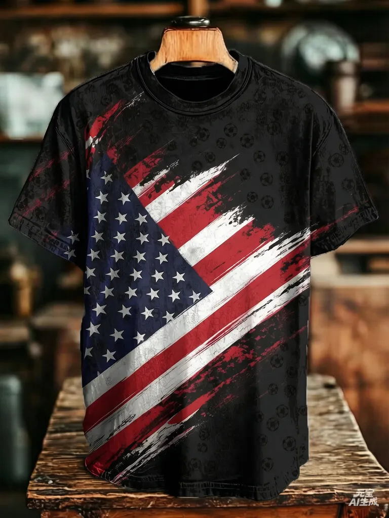 Men's Brush Stroke Grunge American Flag Soccer Print Casual T-Shirt