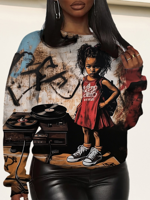 Women's Cool Black Girl And Old Vinyl Record Player Street Art Print Sweatshirt