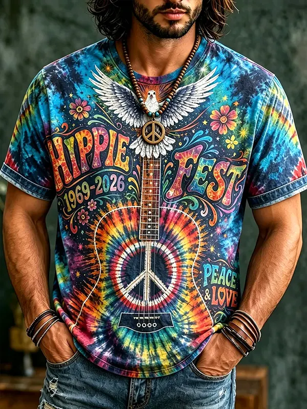 Men's Hippie Fest Peace And Love Music Tie Dye Art Print T-Shirt
