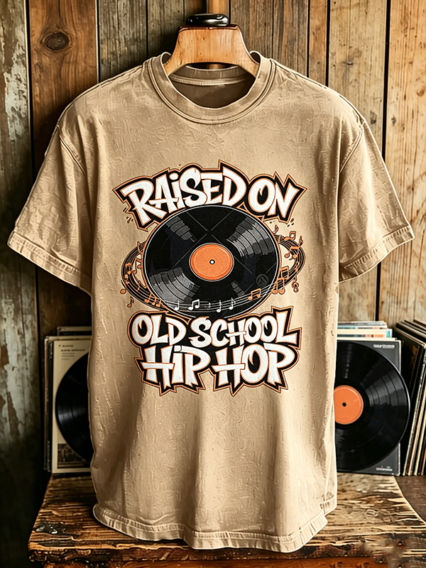 Men's Raised On Old School Hip Hop Vinyl Record Print Cotton Casual T-Shirt