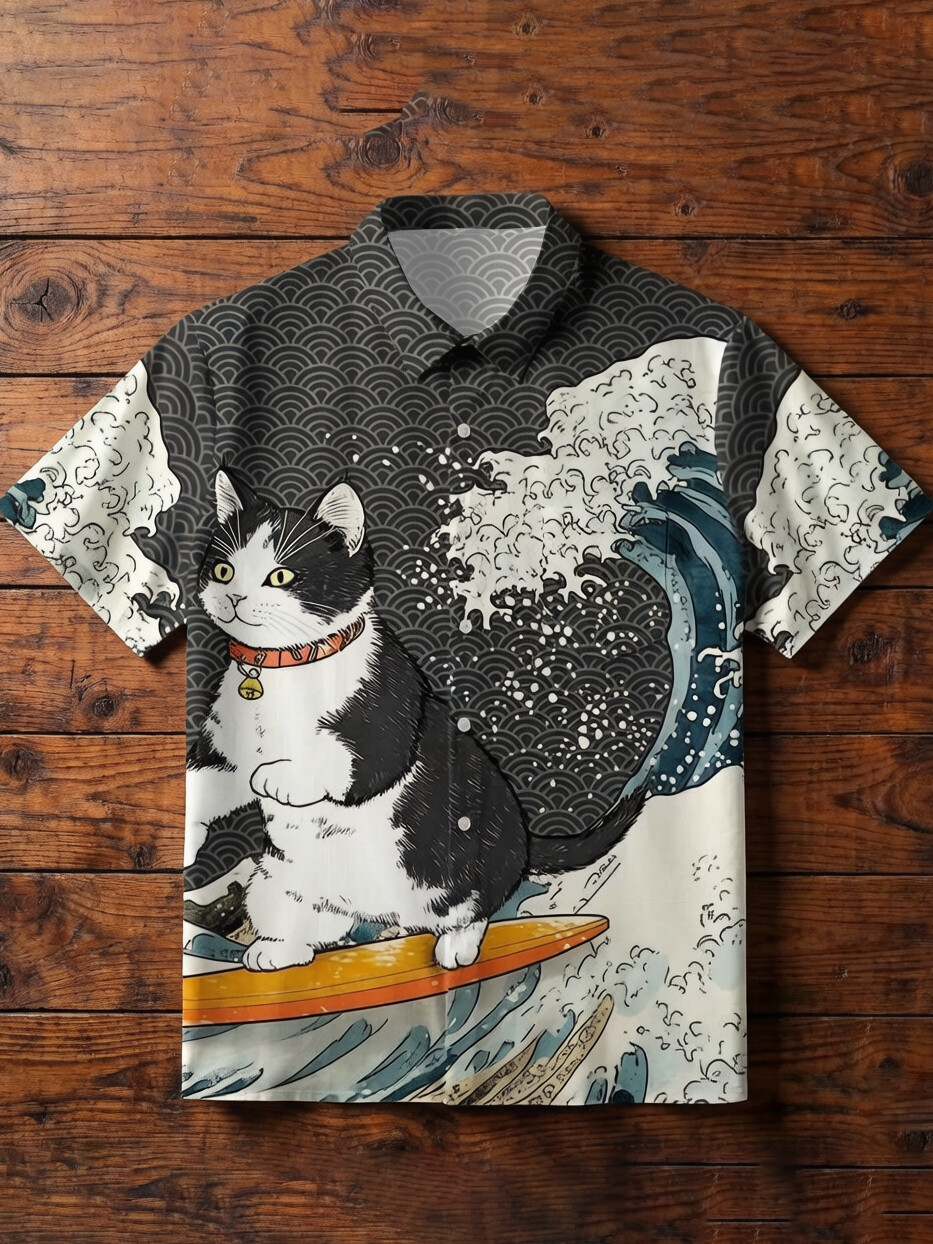 Men's Funny Cat Surfing Japanese Ukiyo E Art Print Shirt for Patriotic Summer Fun