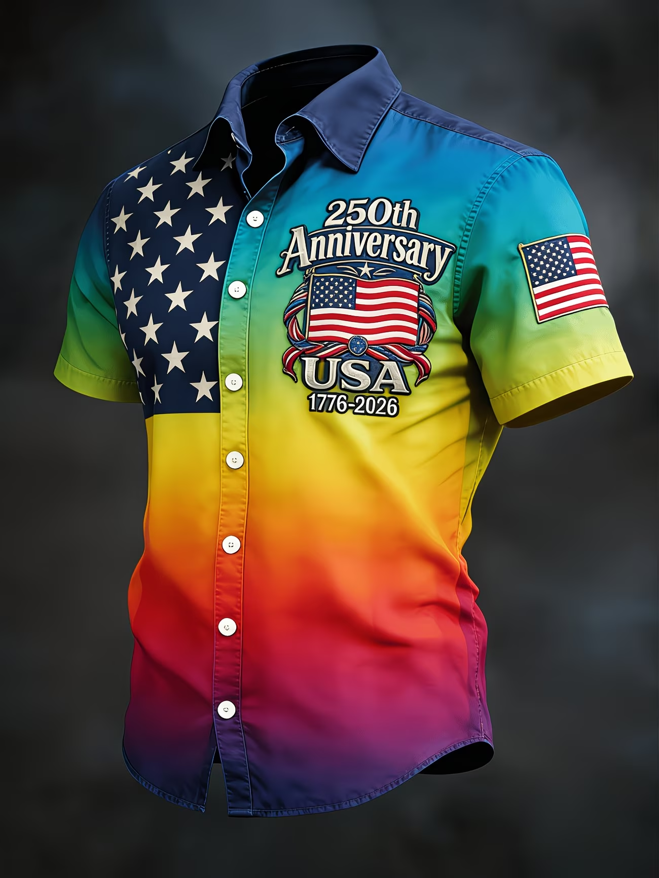 [Copy][Copy]Men's Eagle US Flag America's 250th Anniversary Button Up Shirt Short Sleeve Patriotic Collared