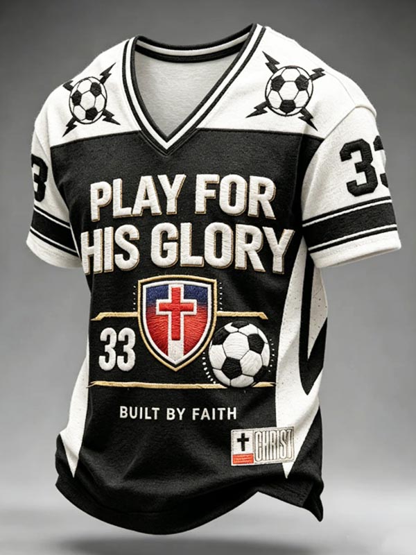 Men's Color Block Soccer Cross Print V Neck T-Shirt