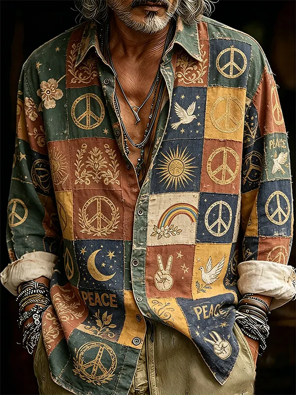 Men's Vintage Patchwork Peace Sign And Sun Boho Art Print Long Sleeve Shirt