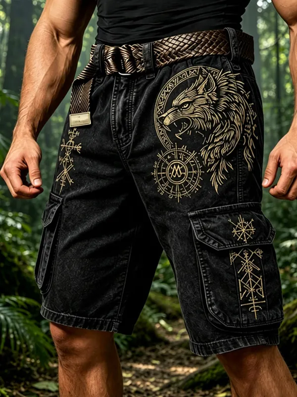 Men's Gold Viking Wolf Norse Rune Symbol Art Print Casual Shorts