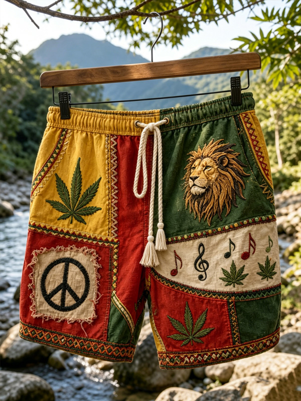 Men's Reggae Patchwork Lion Cannabis Leaf Peace Sign Boho Rasta Colors Art Print Casual Shorts