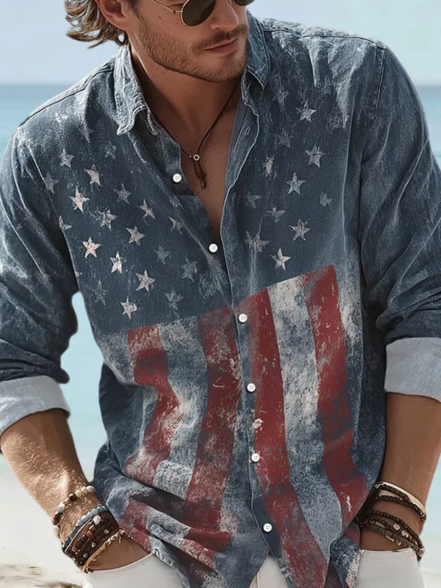 Men's Star And Stripe Flag Print Long Sleeve Shirt