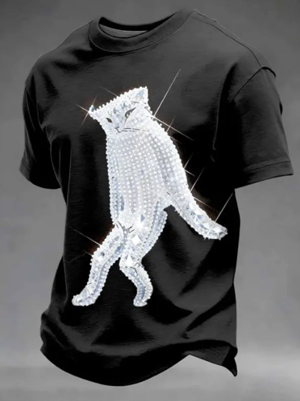 Men's Rhinestone Cat Art Print Casual T-Shirt