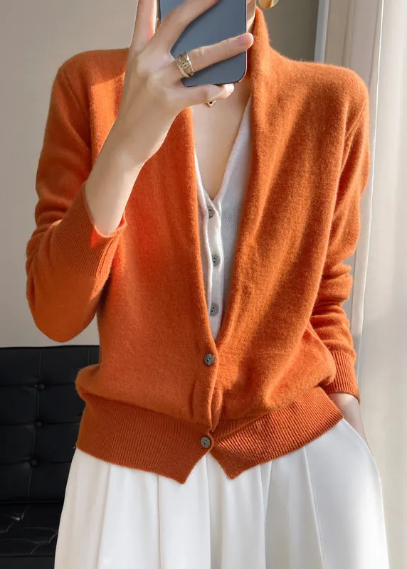 Women Orange V Neck Button Patchwork Wool Knit Top Fall