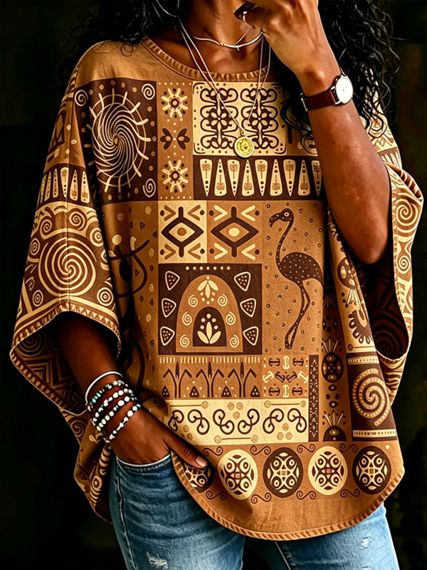 Women's African Tribal Geometric Flamingo Patchwork Art Print Casual T-Shirt