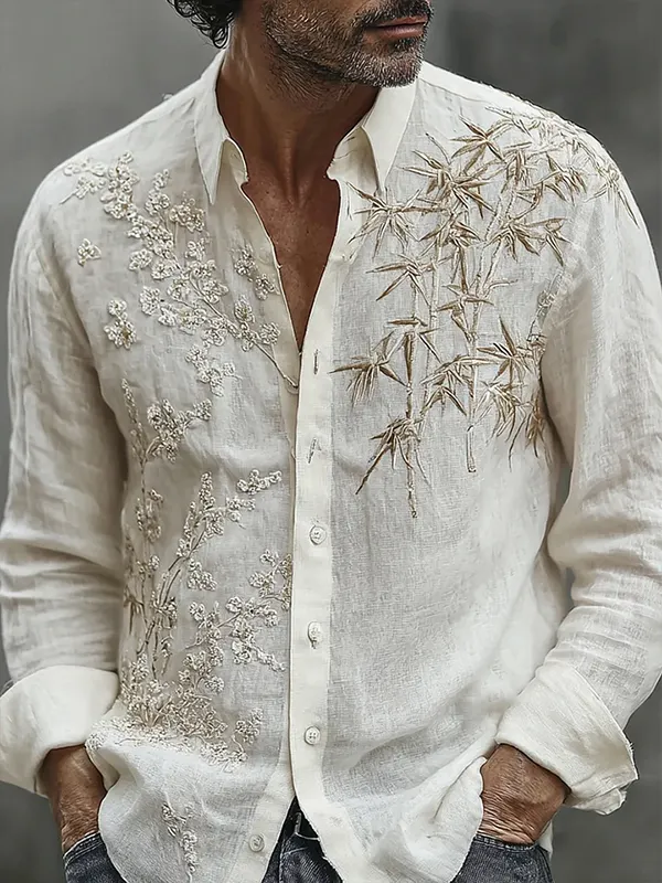 Men's Bamboo And Floral Print Long Sleeve Shirt