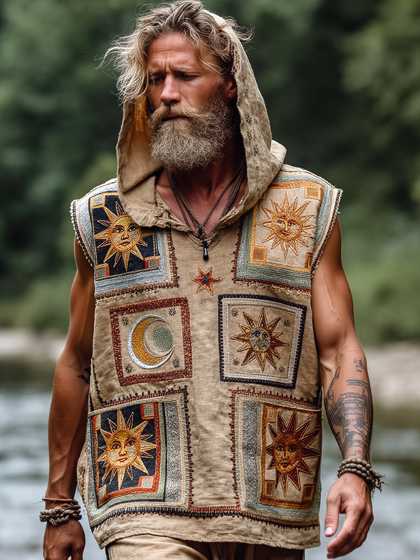 Men's Mysterious Sun Face Art Print Workout Hooded Tank Top