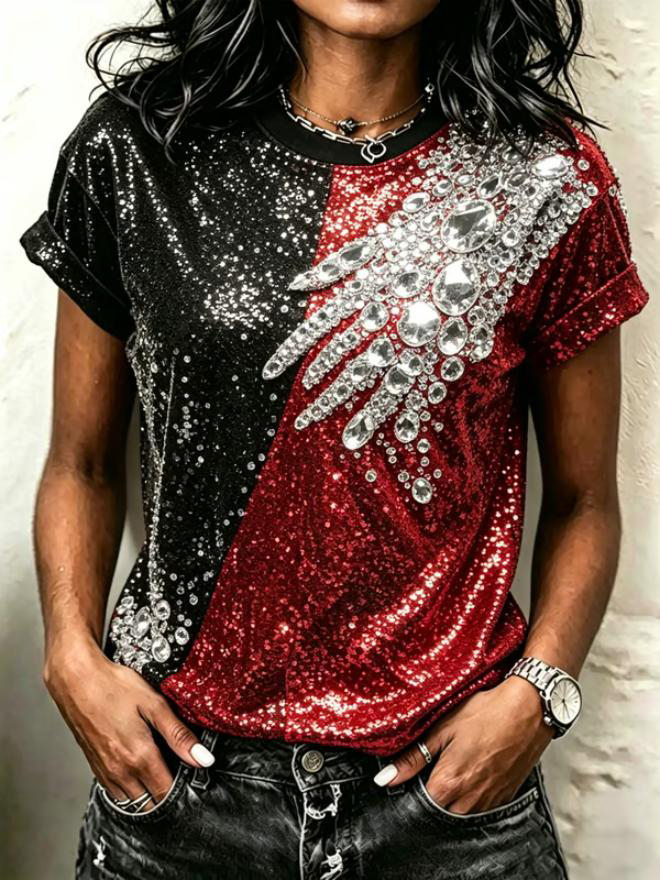 Women's Sparkly Sequin Rhinestone Pattern Casual T-Shirt
