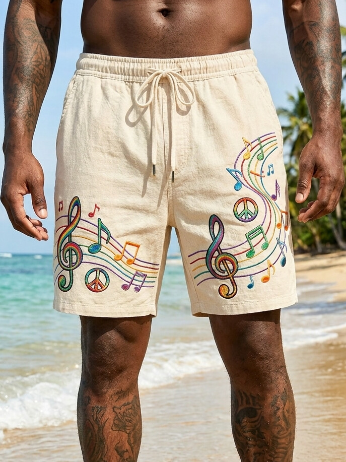 Men's Rainbow Music Note Art Print Beach Hawaiian Shorts