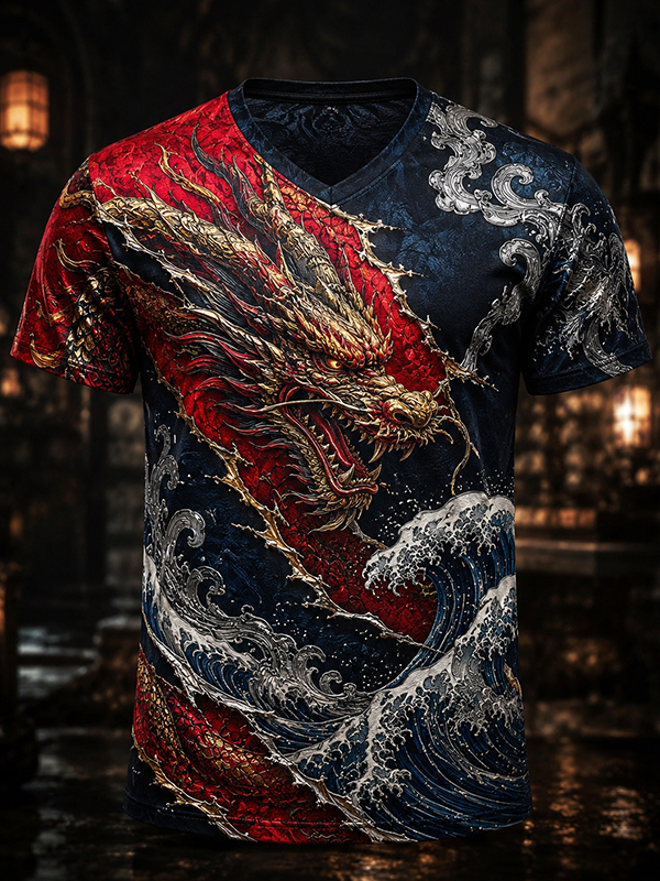 Men's Dragons And Waves Japanese Art Print T-Shirt