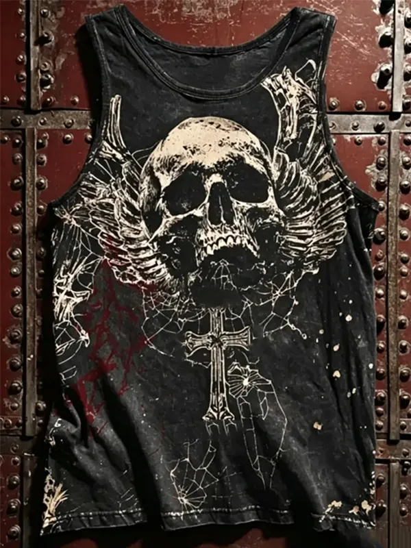 Men's Skull Wing Cross Spider Web Gothic Art Print Tank Top