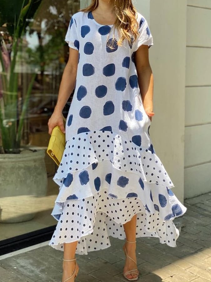 Women's Cotton Linen Polka Dot Print Panel Dress
