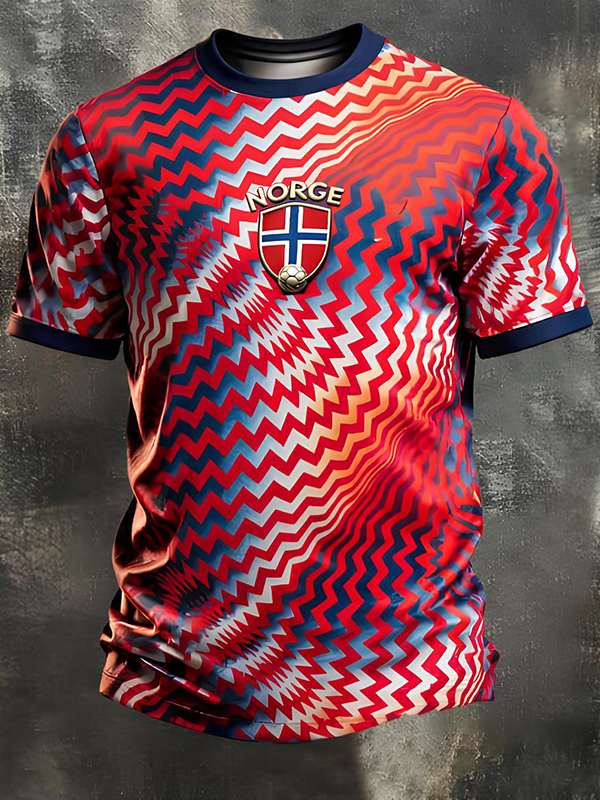 Men's Norge Norway Soccer Red and Blue Zigzag Pattern Casual T-Shirt