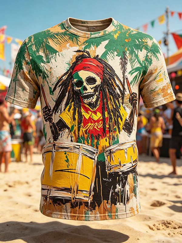 Men's Reggae Skull Drummer Tie-Dye Print T-Shirt
