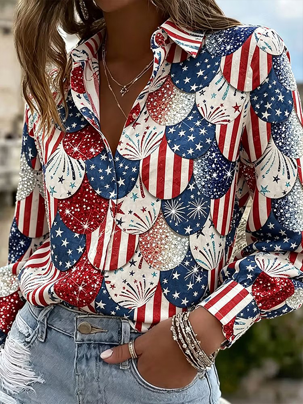 Women's Glitter Mermaid Scales Printed Long Sleeve Shirt